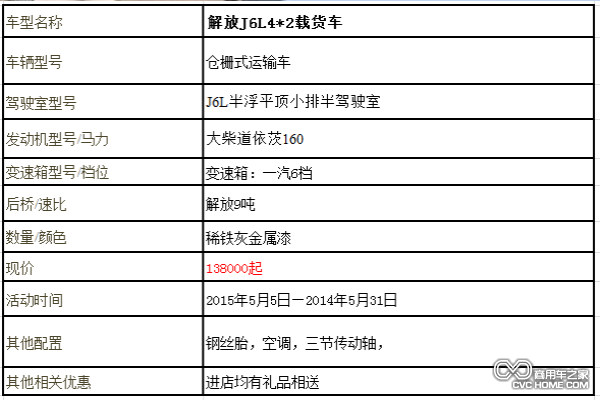 解放J6L4*2倉柵式載貨車參數(shù)表